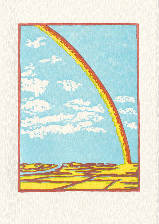 A red and yellow stylized rainbow set against a bright blue sky.  Earth is yellow.