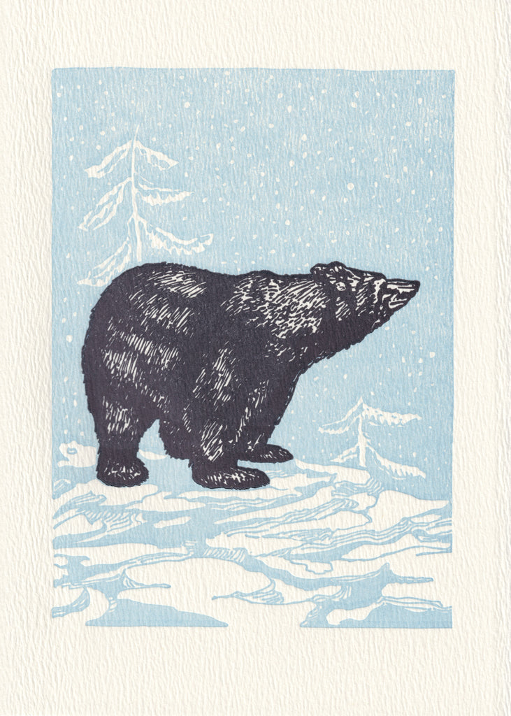 A black bear stands in front of a blue snowy background.  Who is this fellow? He's Kent Visitor of course...