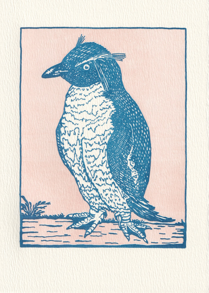 Blue penguin on a pale pink background