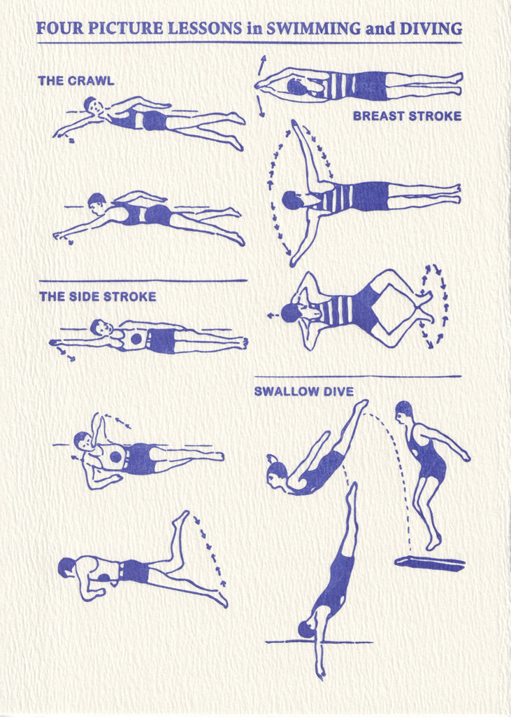 Three swimming strokes and a single dive are shown in line art.  Images are blue.